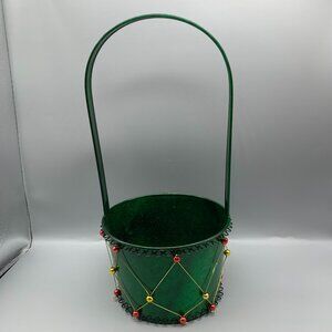 John Henry Metal Basket with Handle Painted Green w/Decorative Sides